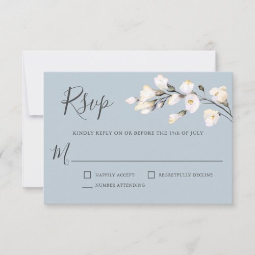 White Watercolor Floral on Blue Wedding RSVP