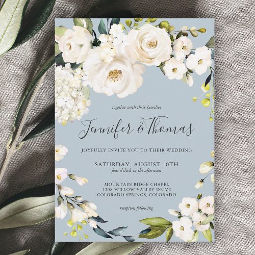 White Watercolor Floral on Dusty Blue Wedding Invitation