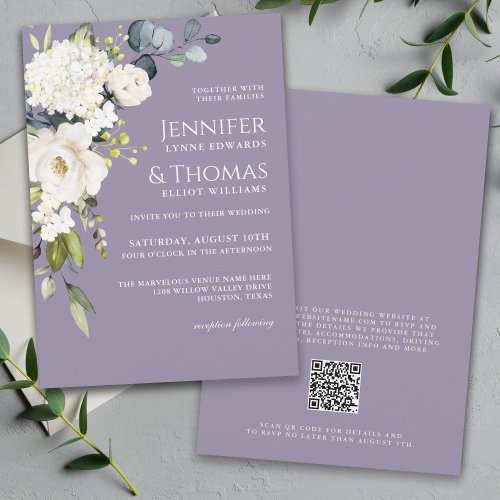 White Watercolor Floral on Lavender Wedding Invitation