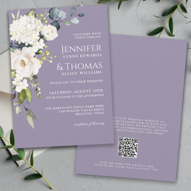 White Watercolor Floral on Lavender Wedding Invitation (Creator Uploaded)