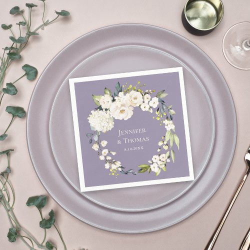 White Watercolor Floral on Lavender Wedding Napkins