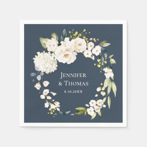 White Watercolor Floral on Navy Blue Wedding Napkins
