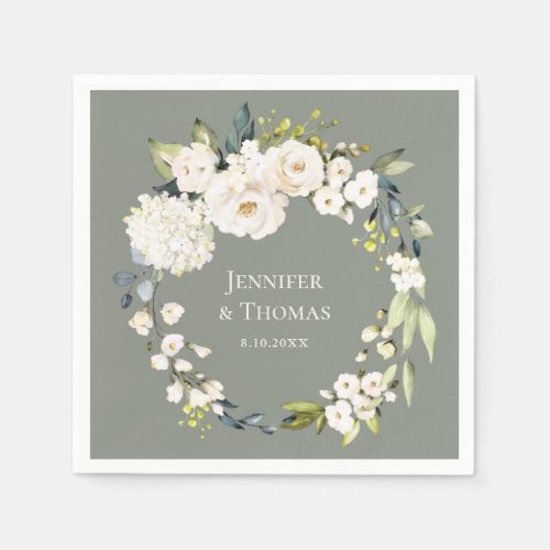 White Watercolor Floral on Sage Green Wedding Napkins