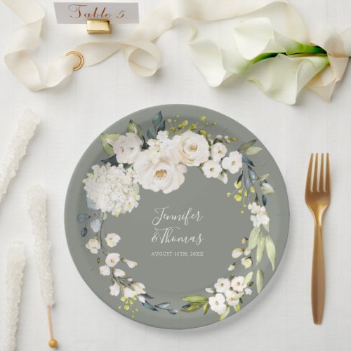 White Watercolor Floral Sage Green Wedding Paper Plates
