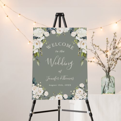 White Watercolor Floral Sage Green Wedding Welcome Foam Board