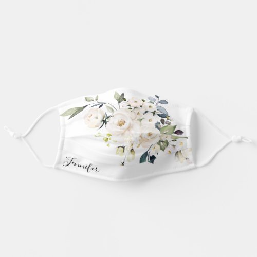 White Watercolor Floral Wedding Bouquet with Name Adult Cloth Face Mask