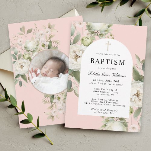 White Watercolor Floral with Baby Photo Baptism Invitation