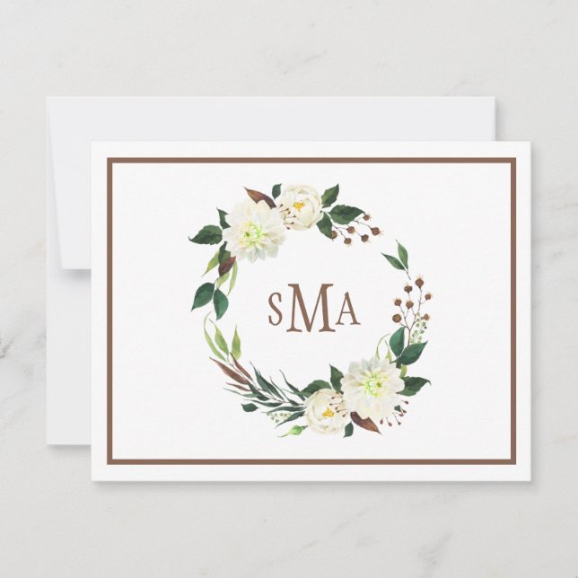 White Watercolor Floral Wreath Elegant Monogram Note Card (Front)