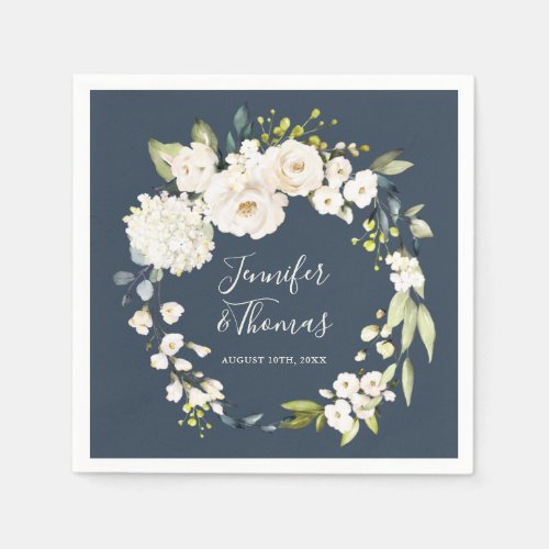 White Watercolor Floral Wreath on Navy Wedding Napkins