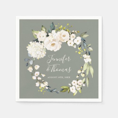 White Watercolor Floral Wreath on Sage Green Napkins