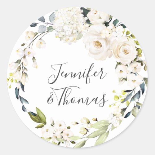 White Watercolor Floral Wreath Wedding Classic Round Sticker