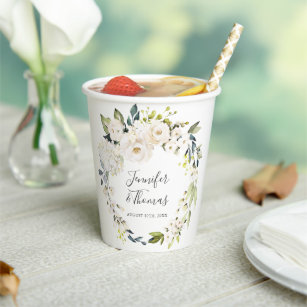White Watercolor Floral Wreath Wedding Paper Cups