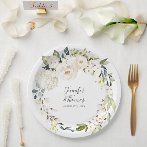 White Watercolor Floral Wreath Wedding Paper Plates