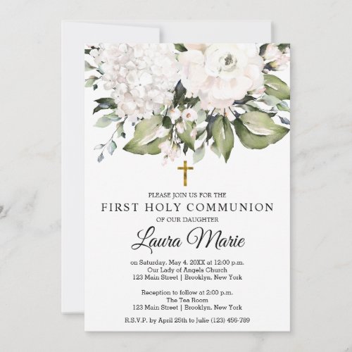 White Watercolor Florals First Holy Communion Invitation