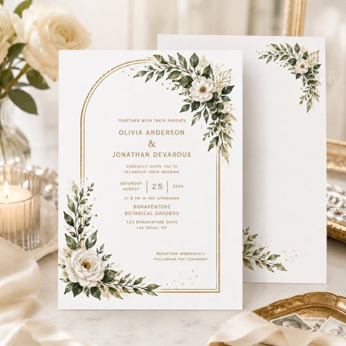 White Watercolor Florals Sage Greenery Gold Arch | Invitation