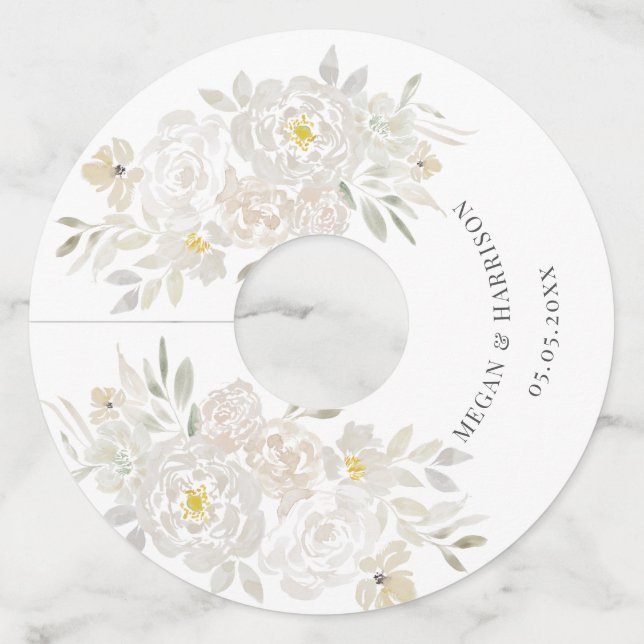 White Watercolor Flower Wedding Wine Glass Tag (Front)