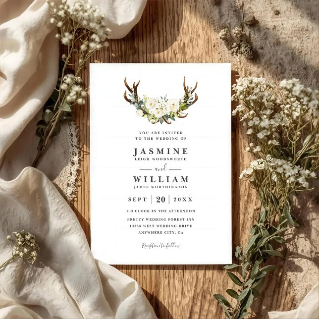 White Watercolor Flowers Antlers QR Code Wedding Invitation (Creator Uploaded)