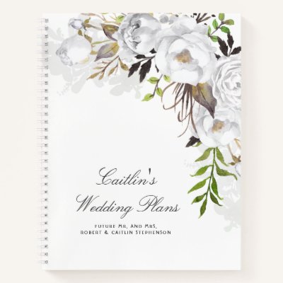 White Watercolor Flowers Elegant Wedding Plan Notebook