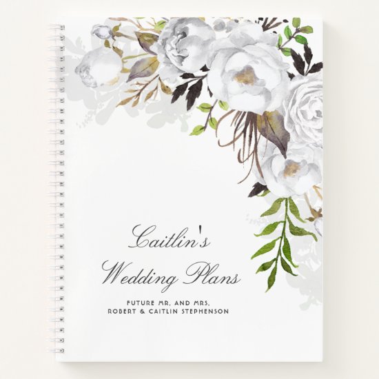 White Watercolor Flowers Elegant Wedding Plan Notebook