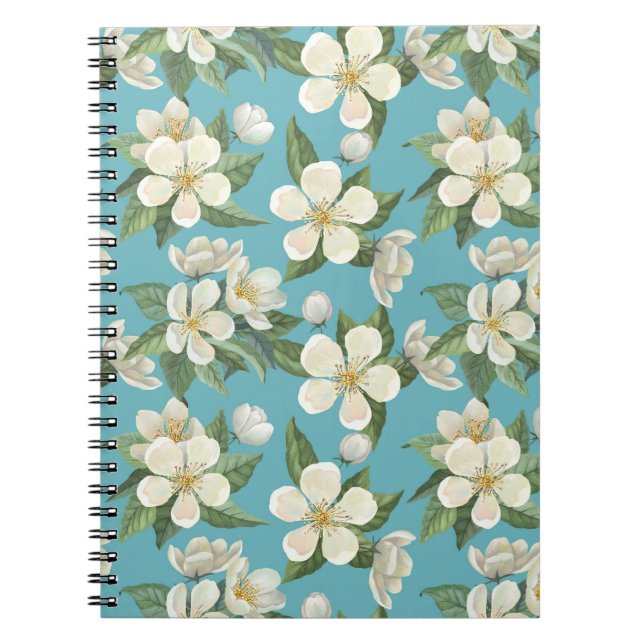 White Watercolor Flowers Green Leaves Notebook (Front)