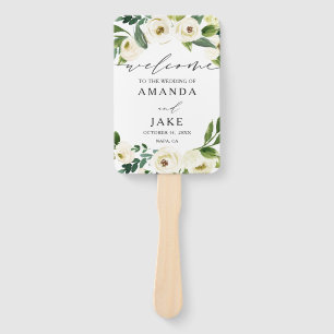 White Watercolor Flowers Greenery Wedding Welcome Hand Fan
