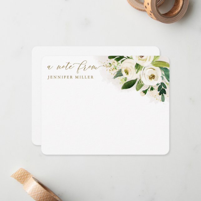 White Watercolor Flowers Script Note Card (Front/Back In Situ)