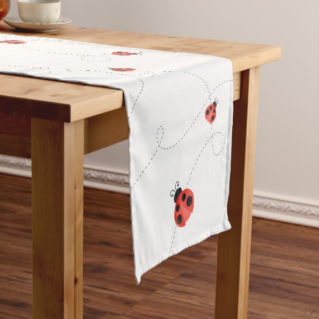White Watercolor Fluttering Ladybugs Medium Table Runner (In Situ)
