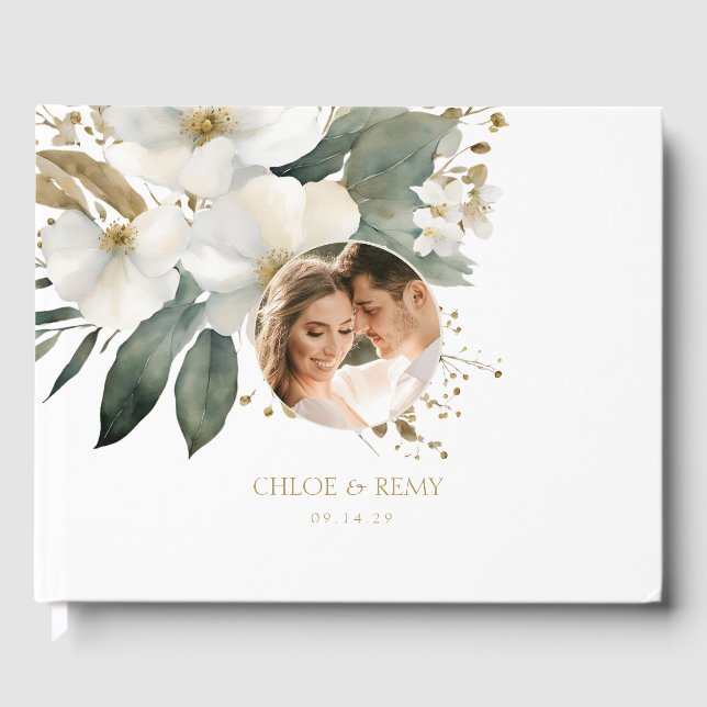 White | Watercolor Foliage Photo Wedding  Guest Book (Front)