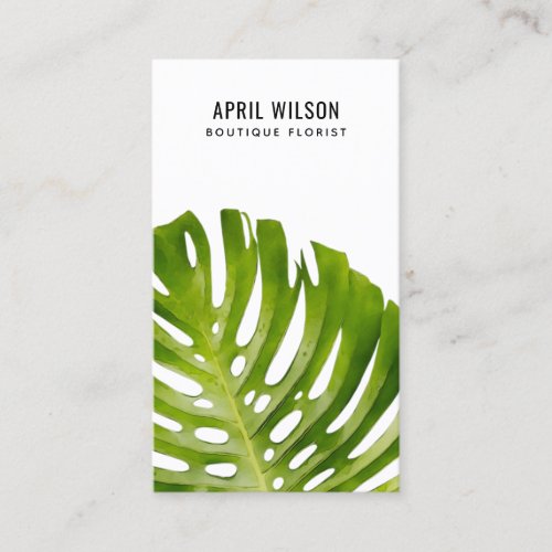 WHITE WATERCOLOR GREEN MONSTERA LEAF FOLIAGE BUSINESS CARD