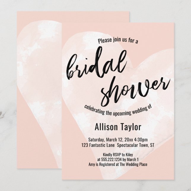White Watercolor Heart Blush Pink Bridal Shower Invitation (Front/Back)