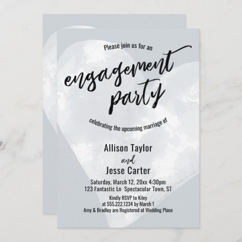 White Watercolor Heart Engagement Party Light Gray Invitation