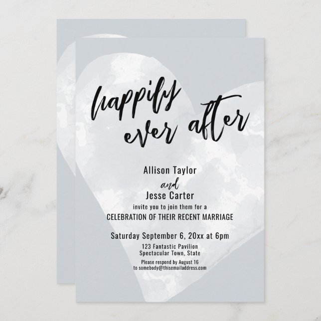 White Watercolor Heart Happily Ever After Gray Invitation (Front/Back)