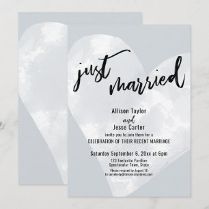 White Watercolor Heart Just Married on Gray Invitation