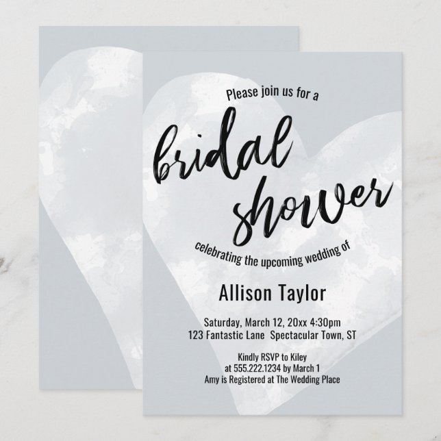 White Watercolor Heart Light Gray Bridal Shower Invitation (Front/Back)