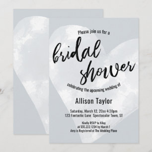 White Watercolor Heart Light Gray Bridal Shower Invitation
