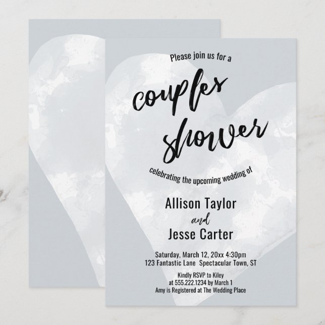 White Watercolor Heart Light Gray Couples Shower Invitation (Front/Back)