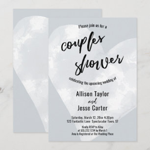 White Watercolor Heart Light Gray Couples Shower Invitation