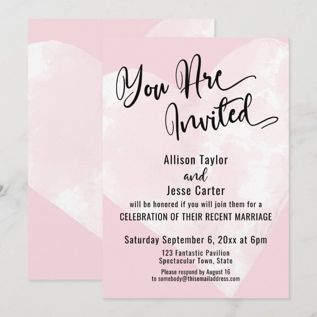 White Watercolor Heart Pastel Pink You Are Invited Invitation (Front/Back)