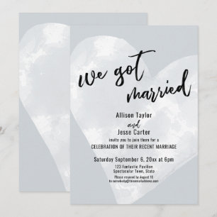 White Watercolor Heart We Got Married on Gray Invitation