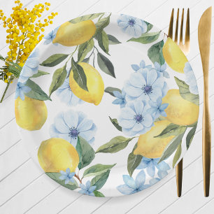 White Watercolor Lemon and Flower Paper Plates