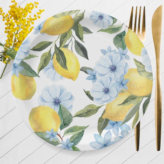 White Watercolor Lemon and Flower Paper Plates (Watercolor Lemon & Blue Flower Paper Plates for Main Squeeze Bridal Shower or Little Lemon Baby)