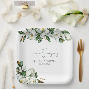 White Watercolor Magnolia Greenery Bridal Shower Paper Plates