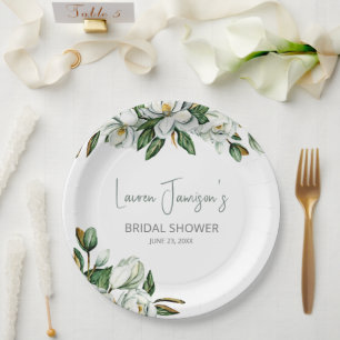 White Watercolor Magnolia Greenery Bridal Shower Paper Plates