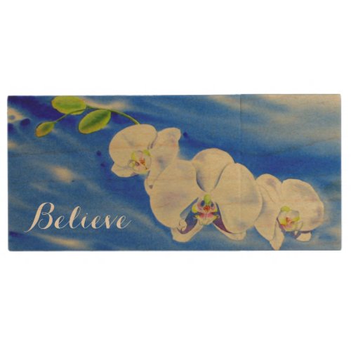 White watercolor orchid painting blue skies wood flash drive