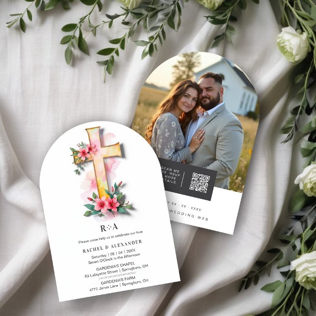 White Watercolor Pastel Floral Cross-Shape Wedding Invitation (White Watercolor Style Pastel Floral Cross-Shape Christian Wedding Invitation Cards.)