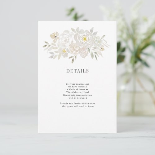 White Watercolor Peonies Wedding Details Enclosure Card