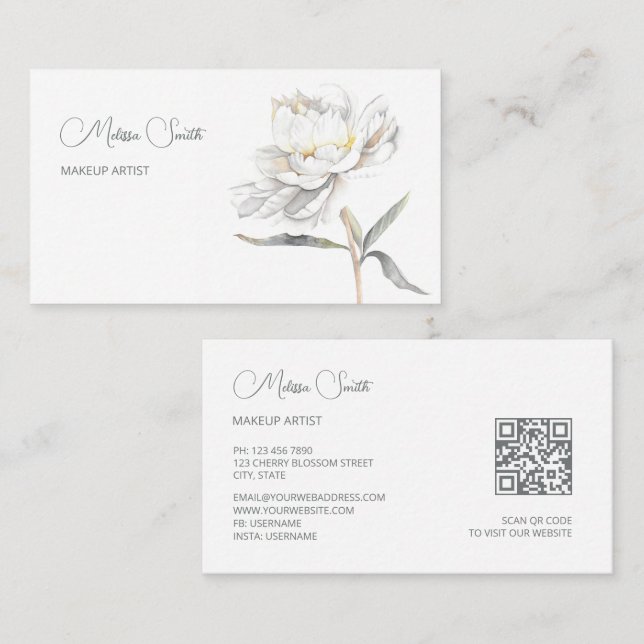 White Watercolor Peony Flower Business Card (Front/Back)