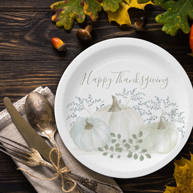 White Watercolor Pumpkins Thanksgiving Paper Plates (Creator Uploaded)