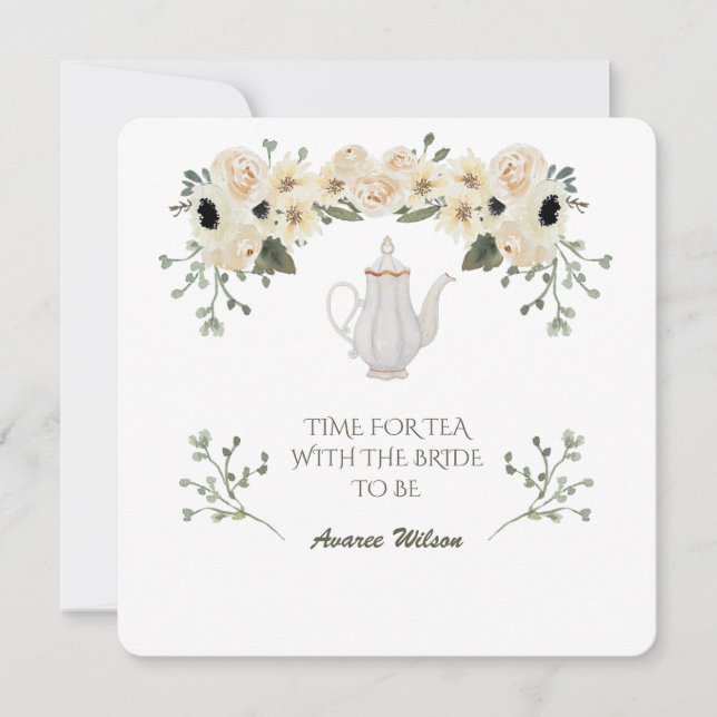 White Watercolor Roses Tea Shower Invitation (Front)