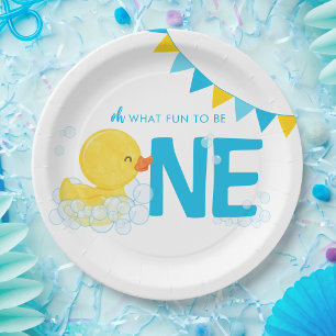 White Watercolor Rubber Duck ONE 1st Birthday Paper Plates